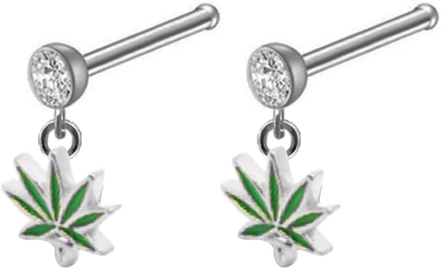 Marijuana Leaf Nose Ring Nose Stud Cannabis Weed Nose Hoop Screw Piercing Jewelry, 2Pcs
