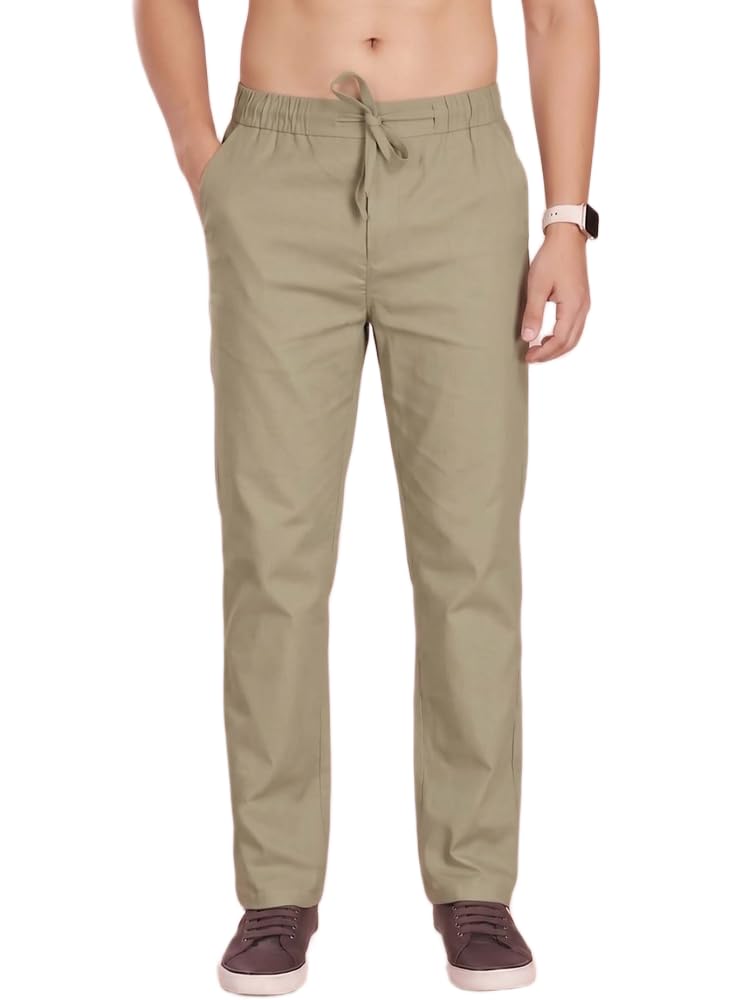 pantom Men's Trouser Olive Mid-Rise Linen Straight Fit Drawstring Casual Pant-picture-46