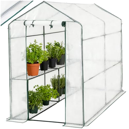tectake® Gewächshaus mit UV-beständiger PE-Gitterfolie und 4 Metallablagegittern, 186 x 120 x 190 cm, Anzucht Gewächshaus für Tomaten & Pflanzen, Foliengewächshaus schützt vor Kälte, Regen und Frost