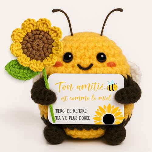 Farbeele Cadeau Amitié, Abeille Heureuse avec Tournesols, Décor Positive Fait Main au Crochet, Cadeaux Anniversaire pour Femme, Cadeau Remonter Le Moral, Décoration Maison