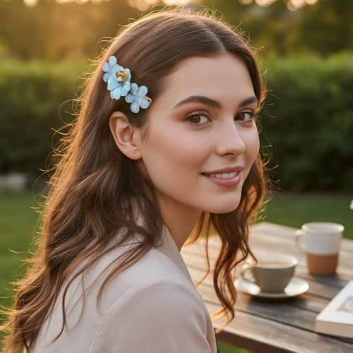 Image of Alvero Premium Acrylic Flower Hair Pin with Bee Design, Floral Designer Hair Clips for Women & Girls, Lightweight, Strong Grip Side Pin Hair Accessory for Wedding & Party (Pack of 2 Piece) (Light Blue)