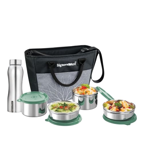 Image of SignoraWare Office Stainless Steel Lunch Box with Bottle | Airtight & Leakproof | Durable | Perfect for Office, School & Outdoor Use (500mlx2 + 380mlx2 + 750ml | Setof5 | EGreen)