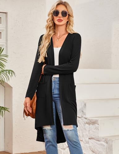 Bluetime Women Open Front Long Cardigan Lightweight Long Sleeve High Low Hem Maxi Duster with Pockets (S-3XL)2