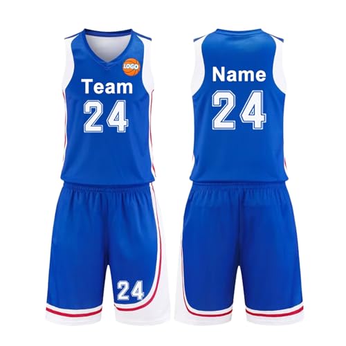 2-Piece Basketball Jersey Vest and Shorts, Kids/Adult Custom Basketball Kit with your name number team logo(Blue)