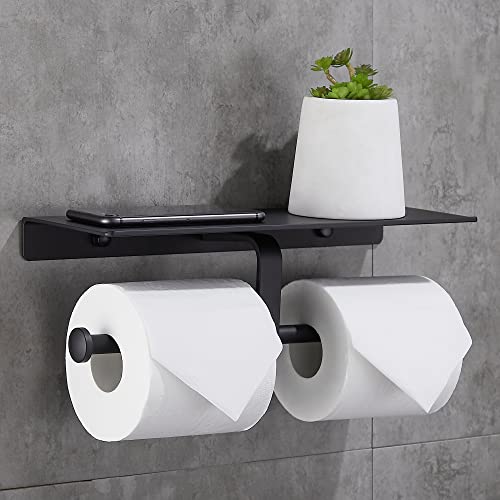 Gricol Porte Rouleau de Papier Toilette Hygiénique sans Perçage avec Etagère de Téléphone Portable Support Mural Double pour Salle de Bains (Noir)