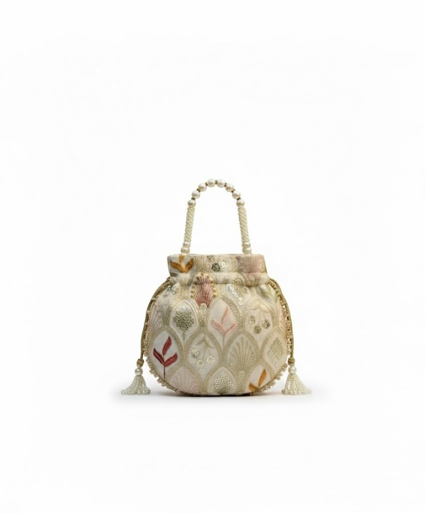 Elegant Ivory Embroidered Potli Bag with Pearl Handle – Floral Ethnic Drawstring Handbag for Weddings & Festive-image-25