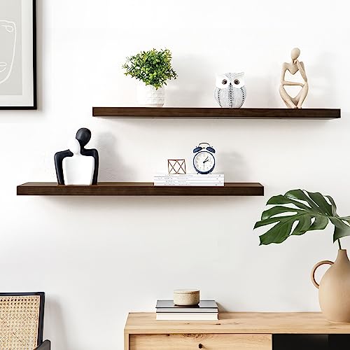 Floating Shelves 36 Inches Long - 8 Inch Deep Rustic Solid Pine Wood for Storage - Farmhouse Wall Mounted for Living Room - Heavy-Duty Metal Bracket - 36" W x 8" D - Set of 2 - American Walnut Color - Image 3