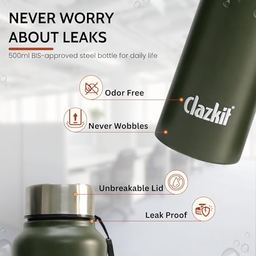 Image of Clazkit Alpha Pro Classic Stainless Steel Water Bottle Single Wall 500ml Set of 4 | Lightweight, Leak-Proof, Reusable | Ideal for School Kid,Office, Gym & Travel | Green