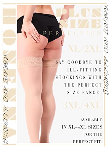 Image of HONENNA Plus Size Thigh High Stockings, Semi Sheer Stay Up Lingerie Lace Top Pantyhose for Curvy Women