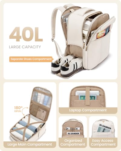 LOVEVOOK Travel Backpack for Women with Shoe Compartment, Puffer Carry on Backpack Flight Approved 40L Personal Item Travel Bag Fits 17inch Laptop, Waterproof Lightweight Bags with 3 Packing Cubes2