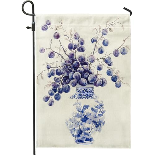 Drapeau de jardin en forme de fleur de prunier violet, bannière élégante de décoration florale bleue, drapeau double face en toile de jute pour décoration de pelouse extérieure, printemps, été, 30,5 x