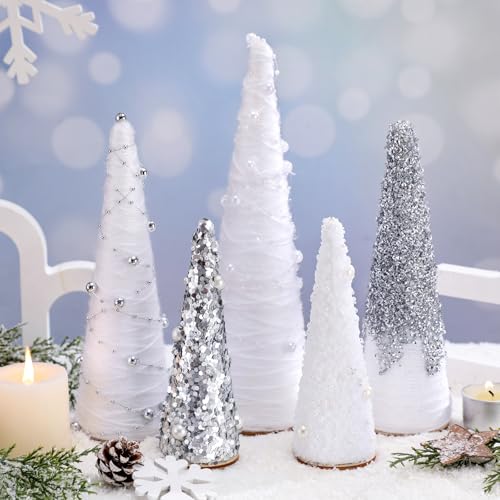 Realspring 5 Pcs Silve and White Christmas Cone Tree Centerpiece Decor