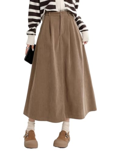 IDEASLANXUN Womens Fall Winter Corduroy Skirt High Elastic Waisted Aline Pleated Long Maxi Skirt