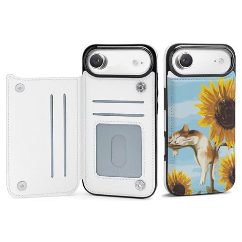 iPhone17Air用ケース 手帳型 猫 ひまわり アイフォン17Air用ケース 財布型 スマホケース 2025年新型 保護ケース おしゃれ カード収納 スタンド機能 PUレザー TPU 耐衝撃