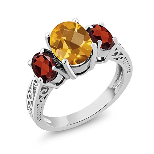 Gem Stone King 2.70 Ct Oval Checkerboard Yellow Citrine Red Garnet 925 Sterling Silver 3-Stone Ring (Size 9)