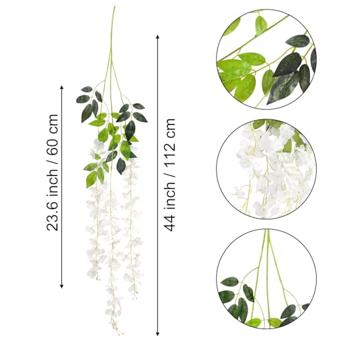 CEWOR 12pcs Wisteria Hanging Flowers 3.7 Ft Artificial Vine Fake Garland Silk String for Wedding Party Garden Outdoor Greenery Home Wall Decoration (White)