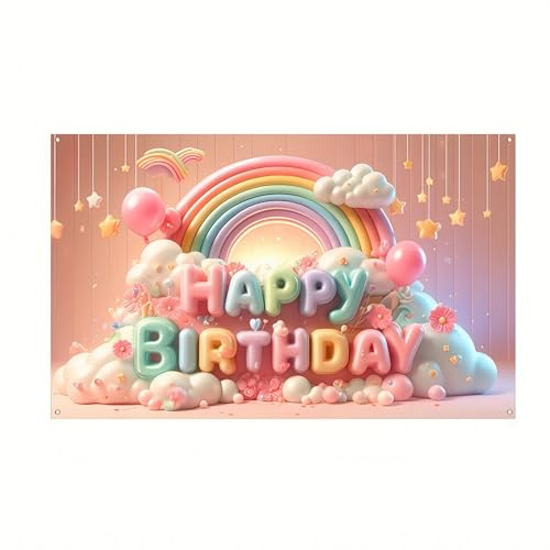 BlissYard Pastel Rainbow Cloud Birthday Banner 71x43 Inch Polyester