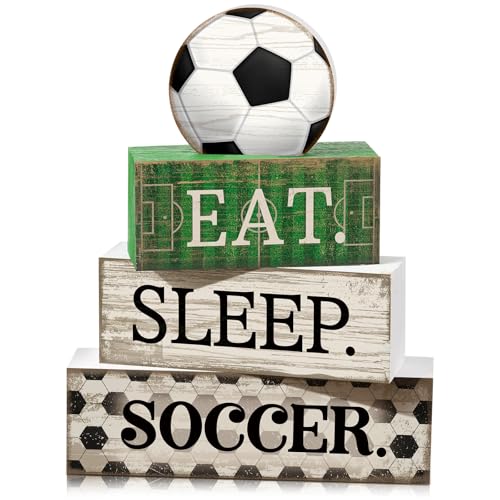 Yuntau 4 Pcs Soccer Wooden Tabletop Decor Soccer Tiered Tray Decor Rustic Wood Block Sign Gift Centerpiece Farmhouse Table Sign for Home Boys Room Office Shelf Birthday Party