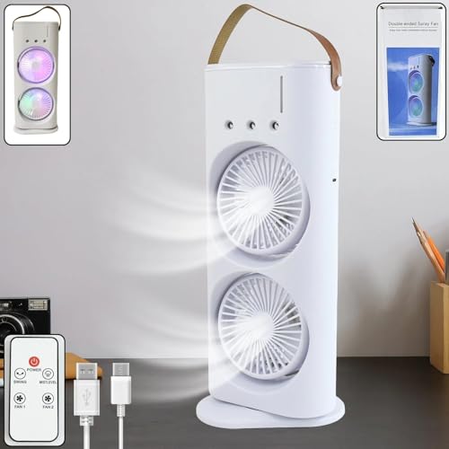 Image of Electric Fan Desktop Double-Head with Remote, 3 Speed, Spray Cooling, USB Charging, 38x17x9 cm, for Indoor Outdoor Office Bedroom