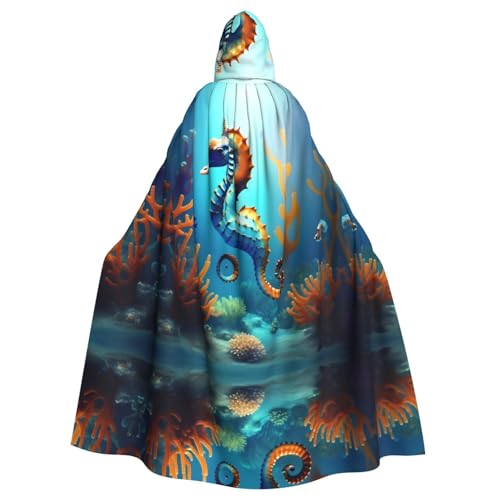YUGTAEE Capa con capucha para adultos con estampado de caballito de mar de coral de fondo marino para juegos de rol, disfraces de escenario, fiestas, fácil cuidado