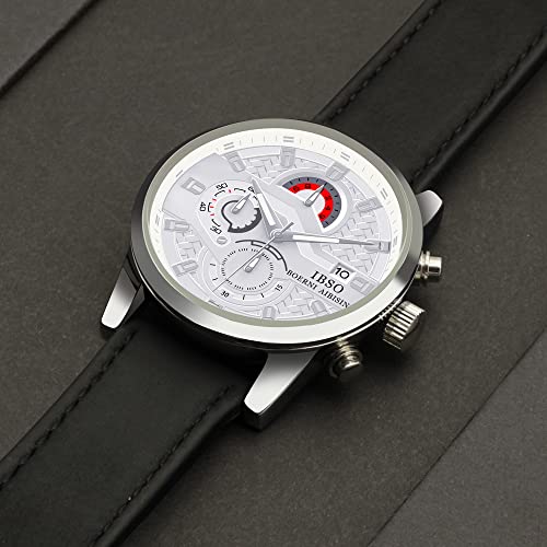 Ibso Boerni Aibisino Mens Watch Casual Sports Watches Chronograph Waterproof Calendar Leather Band Fashion Quartz Wrist Watches For Boy (White) #TOP2