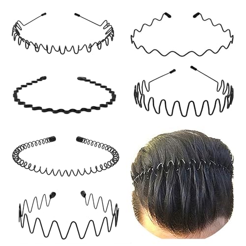 JERLITU Metal Hair Band for Men,Women Elastic Wavy Hairband,Black Non-slip Metal Headbands,Suitable for Outdoor Sports,Everyday Wear. (6 Pcs)