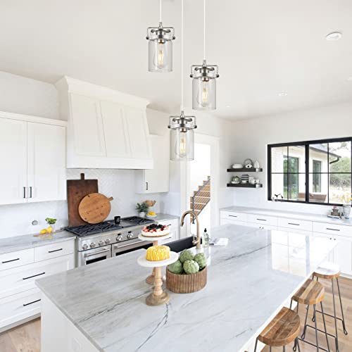 Modern 3 Light Glass Pendant Light, Brushed Nickel Pendant Lighting Fixture With Clear Glass Shade, Adjustable Cord Farmhouse Ceiling Hanging Light For Kitchen Island Dining Room Bedroom Living Room #TOP3