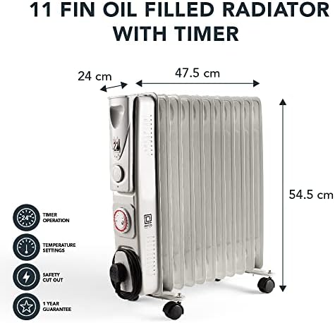 PIFCO Oil Filled Radiator 2500W 11 Fin With Timer - 3 Heat Settings 1000W, 1500W, 2500W - Energy Efficient Heaters - 24hr Timer Oil Heater for Home, Office - Free Standing Oil Filled Radiator - White