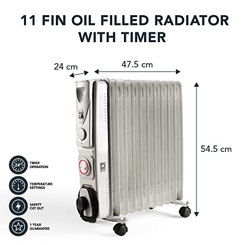 PIFCO 2500W White 11 Fin Oil Filled Radiator With Timer - 3 Heat Settings 1000W, 1500W, Energy Efficient - 24hr Heater for Home, Office - Free Standing, 203885