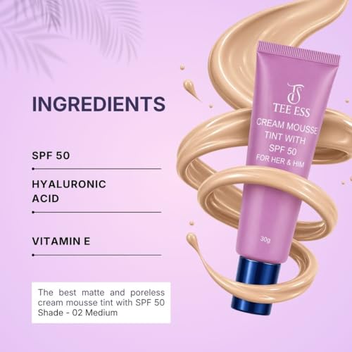 Image of TEE ESS Cream Mousse Unisex Face Tint SPF 50 | Enriched with Vitamin E & Hyaluronic Acid | Lightweight, Pore-Blurring, Non Greasy and Long-Lasting | Unisex Mousse Tint| Suitable for All Skin Types |30g (02 Medium)
