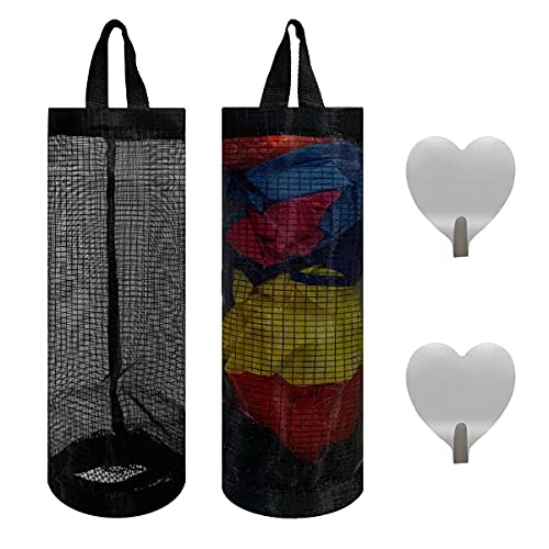 2 Pcs Plastic Bag Holder Trash Bags Storage Dispenser Organizer for Home Kitchen Mesh Hanging Storage Dispensers Recycling Garbage Folding Hanging Storage Bag Grocery Bags Holder with 2 Hooks (Black)