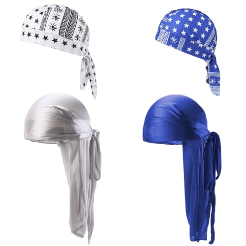 MLPKOI 4Pcs Durag de Seda, Elástico Envoltura de Cabeza con Cola Larga Correas Gorro Bandanas Piratas para Hombres y Mujeres Decoración Diaria de Hip-Hop