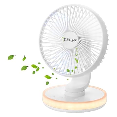 Portable Desk Fan with Circular LED Lights, 4 Speeds, 90° Rotation Adjustable Oscillating Fan, 4000mAh Rechargeable Fan, Battery Powered Quiet Personal Fan for Home Office, Detachable Cleaning (White) Cover