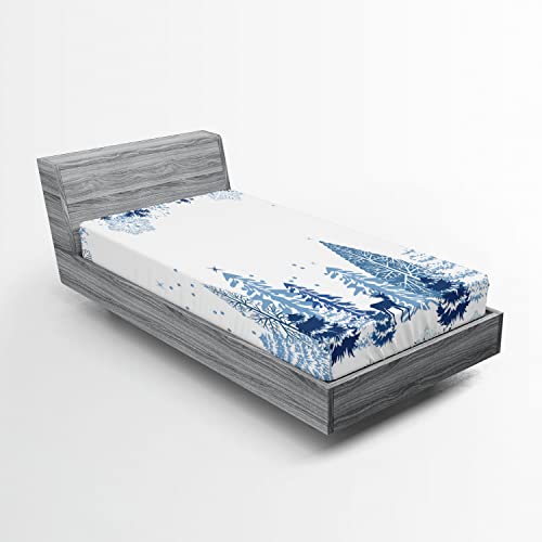 Ambesonne Winter 2 Pack Fitted Sheet, Deer Pine Trees Xmas, Bed Cover All-Round Elastic Deep Pockets 2 Pieces, Package Contains 2 Twin Size Fitted Sheets, White Blue