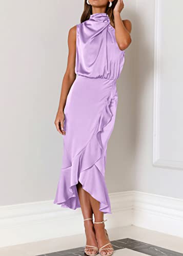 Image of KIRUNDO Women's Summer Satin Mock Neck Wedding Guest Dress | Party Cocktail Midi Dress, 2026 Spring Fashion, Silky, Elegant Classy Halter High Neck, Sleeveless Wrap Ruffle Formal Dress