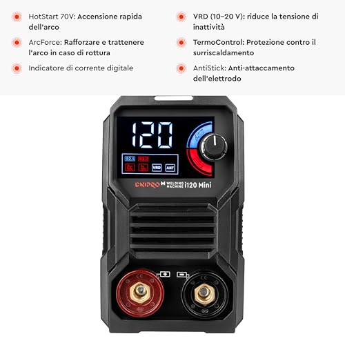 Dnipro-M Saldatrice Inverter Igbt Mma 4800W 20–120A, Mini 2,06 Kg, Elettrodi 1,6–3,2 Mm, Vrd, Hot Start, Arc Force, Anti Stick, Display Led, 230V (Da 170V), Con Cavi E Tracolla - 7