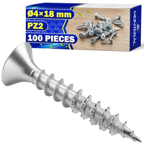 100 Piezas Tornillos para Madera Ø 4x18 mm Tipo de Ranura PZ2 - Fabricados de Acero Galvanizado - Pueden Usarse como Tornillo para Madera - MONTERAL