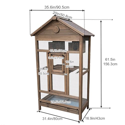 Großer Vogelkäfig für Außen aus Holz, Geräumige Voliere mit Windschutzdach und Feststellbaren Rollen, Ideal für Wellensittiche, Nymphensittiche und Finken Yellow L-2