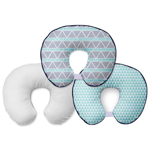 Bacati - Aztec/Tribal Muslin Hugster 3 pc Nursing/Feeding Pillow Set Includes 2 Zippered Covers & 1 Pillow Insert Aqua/Navy Large Triangles