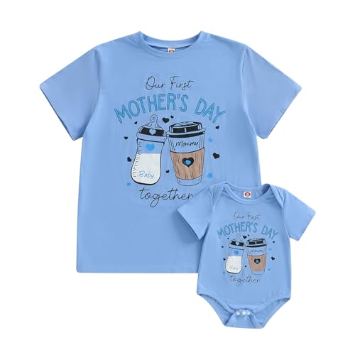 Mothers Day Milk Bottle Cup Print Mom and Newborn Baby Matching Outfits Cute Mothers Day Shirts and Bodysuit (Baby, 3-6 Months, Blue Bodysuit)