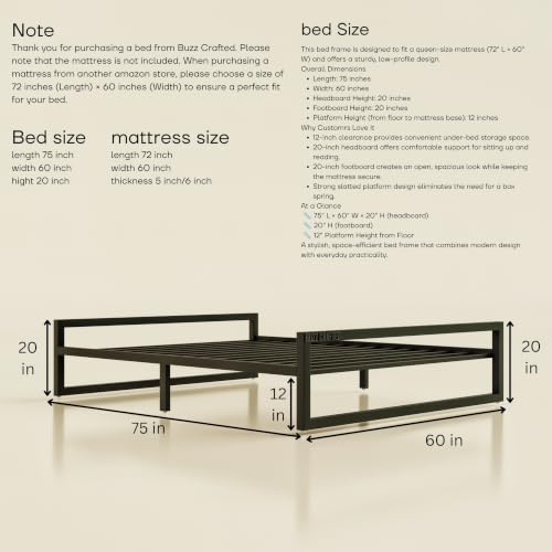 Image of Queen Size Metal Bed Frame | Queen Metal Bed | QueenSize Iron Bed | Queen Steel Bed | Heavy Duty Platform Bed | Double Bed Cot | Steel Slat Bed Frame | Powder Coated | No Box Spring Needed | Black