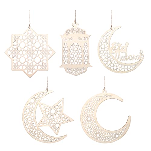 GWHOLE 10 Stück Holz Anhänger Ramadan Ornament Ramadan Kareem Dekoration Ramadan Deko Set Eid Mubarak Dekoration Mond Stern Wind Licht Form Holzanhänger für Muslim Ramadan Mubarak Eid Party