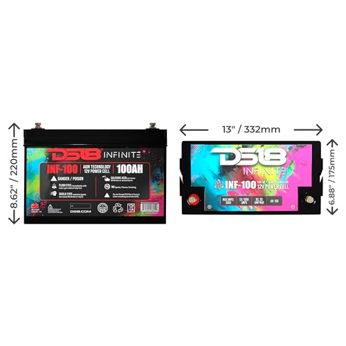 DS18 INF-100AH 2800 Watts AGM Power Cell 12 Volt Battery M6 Bolt Terminal Maintenance Free - High Performance for Car Audio, Motorsports, Motorcycle, Jet Ski, ATV & UTV