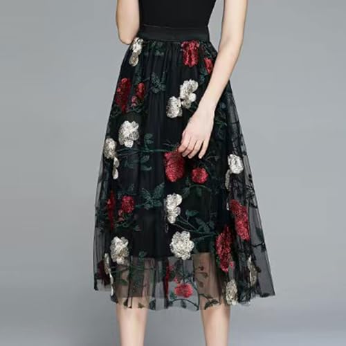Women Vintage Floral Embroidered Tulle Midi Skirt Retro 50s Party Elastic High Waist Pleated A-line Swing Mesh Skirts4