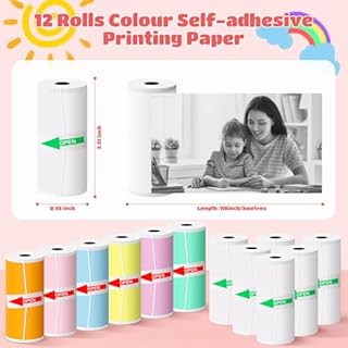 Mini Thermal Printer Sticker Paper, 12 Rolls Colored Thermal Sticker Paper Kids Instant Camera Refill Print Paper, Atnadov HD Thermal Paper for Most Kids Instant Camera (6 rolls colored+6 rolls white）