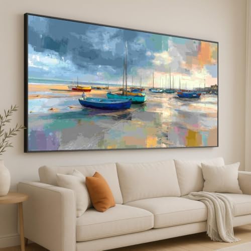 Tableau sur toile de bateaux de pêche colorés 40x70 cm décor de mer