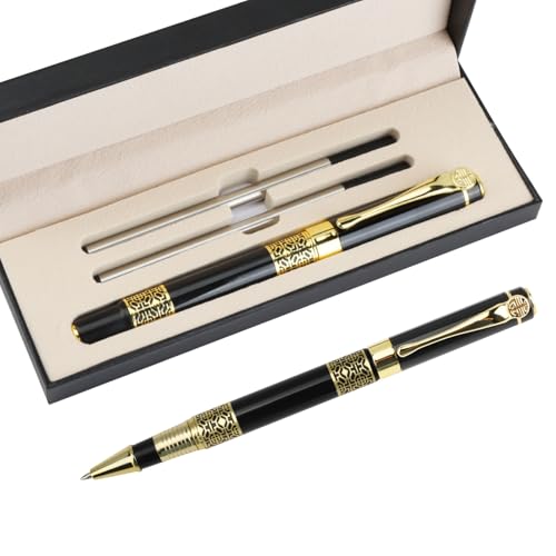 Luxury Rollerball Pen Set, 0.5mm Black Smooth Writing Metal Ball Point Pen with 2 Refills Gift Boxed, Nice Pens Gift for Men Women, Business Office, Father Colleagues Teacher Friend