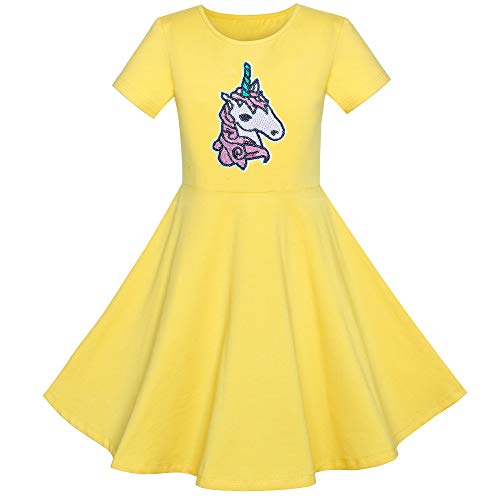 Sunny Fashion Girls Dress Cotton Yellow Unicorn Sequin Short Sleeve Casual Size 7 #TOP15