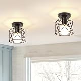 iDEGU Lot de 2 Plafonnier Industrielle en Métal Cage Carré, 15CM Lustre Abat-jour Fer Luminaire E27 40W Noir pour Salon Chambre Bar (Hexagone)