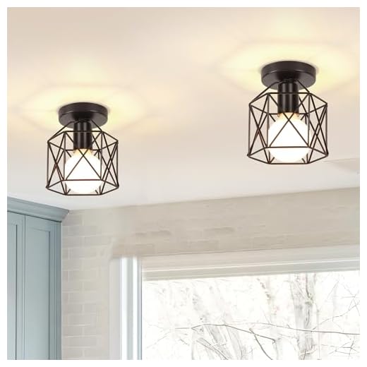 iDEGU Lot de 2 Plafonnier Industrielle en Métal Cage Carré, 15CM Lustre Abat-jour Fer Luminaire E27 40W Noir pour Salon Chambre Bar (Hexagone)